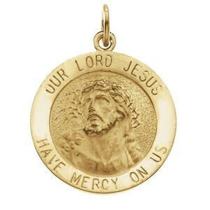 14k Yellow Gold Round Our Lord Jesus Medal Charm or Pendant, 18mm